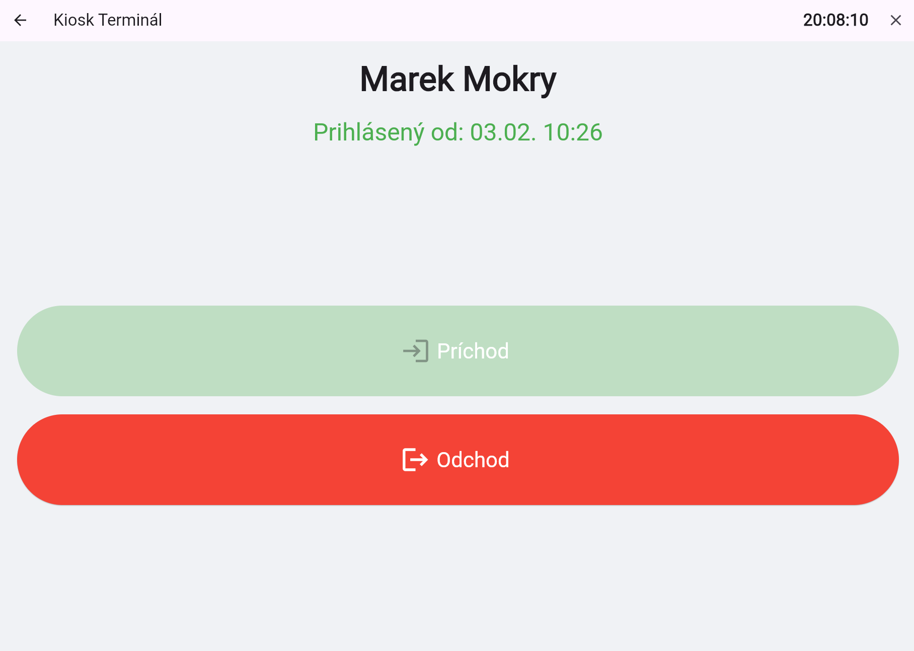 Dochádzkový terminál Attendy - obrazovka pre evidenciu príchodu a odchodu