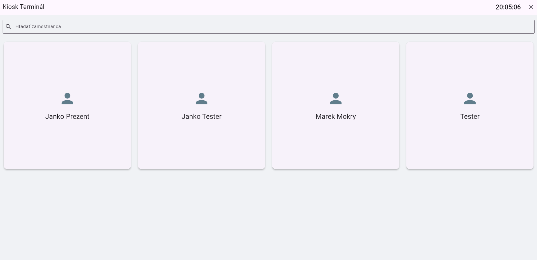 Dochádzkový terminál Attendy - obrazovka s výberom zamestnanca na tablete
